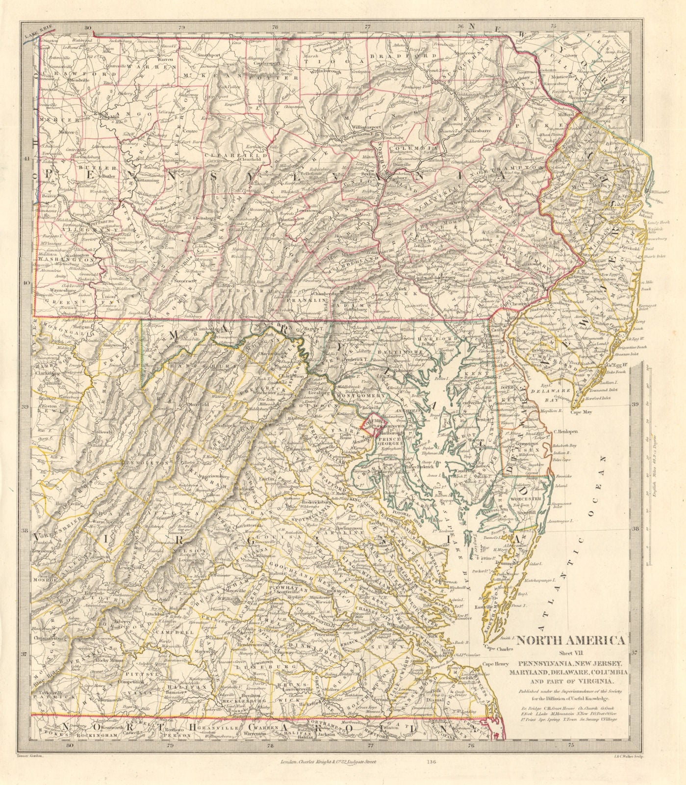 USA. Pennsylvania New Jersey Maryland Delaware DC Virginia. SDUK 1846 old map